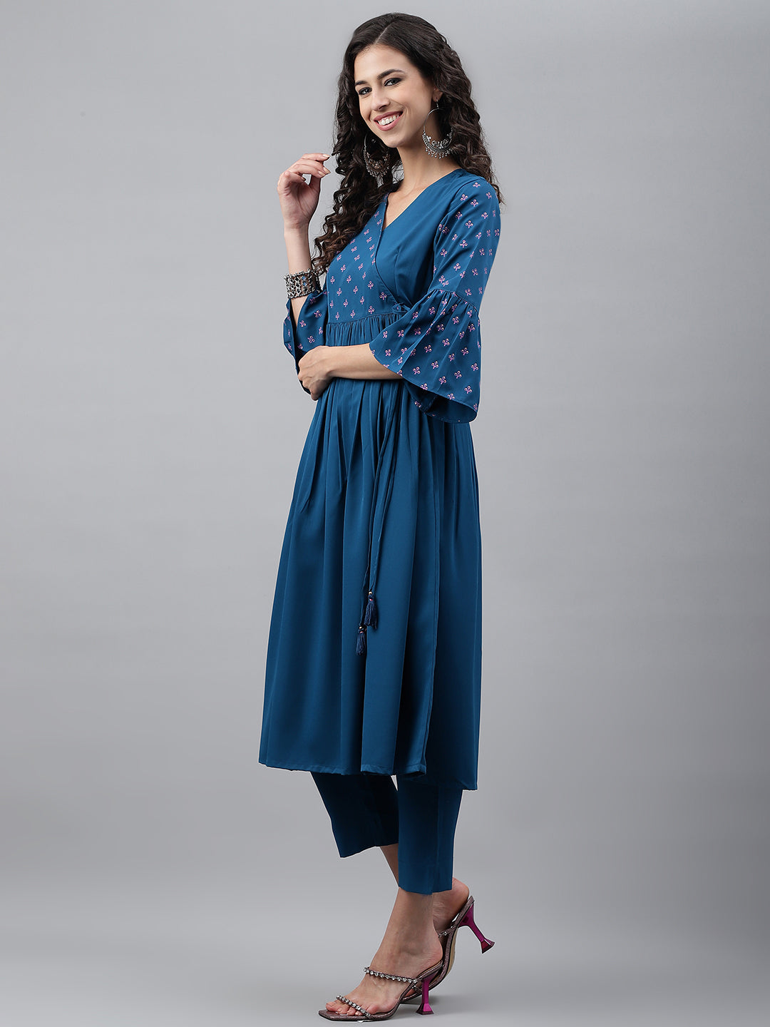 Janasya Women's Blue Crepe Solid Casual Angrakha Kurta | Swadesiicart