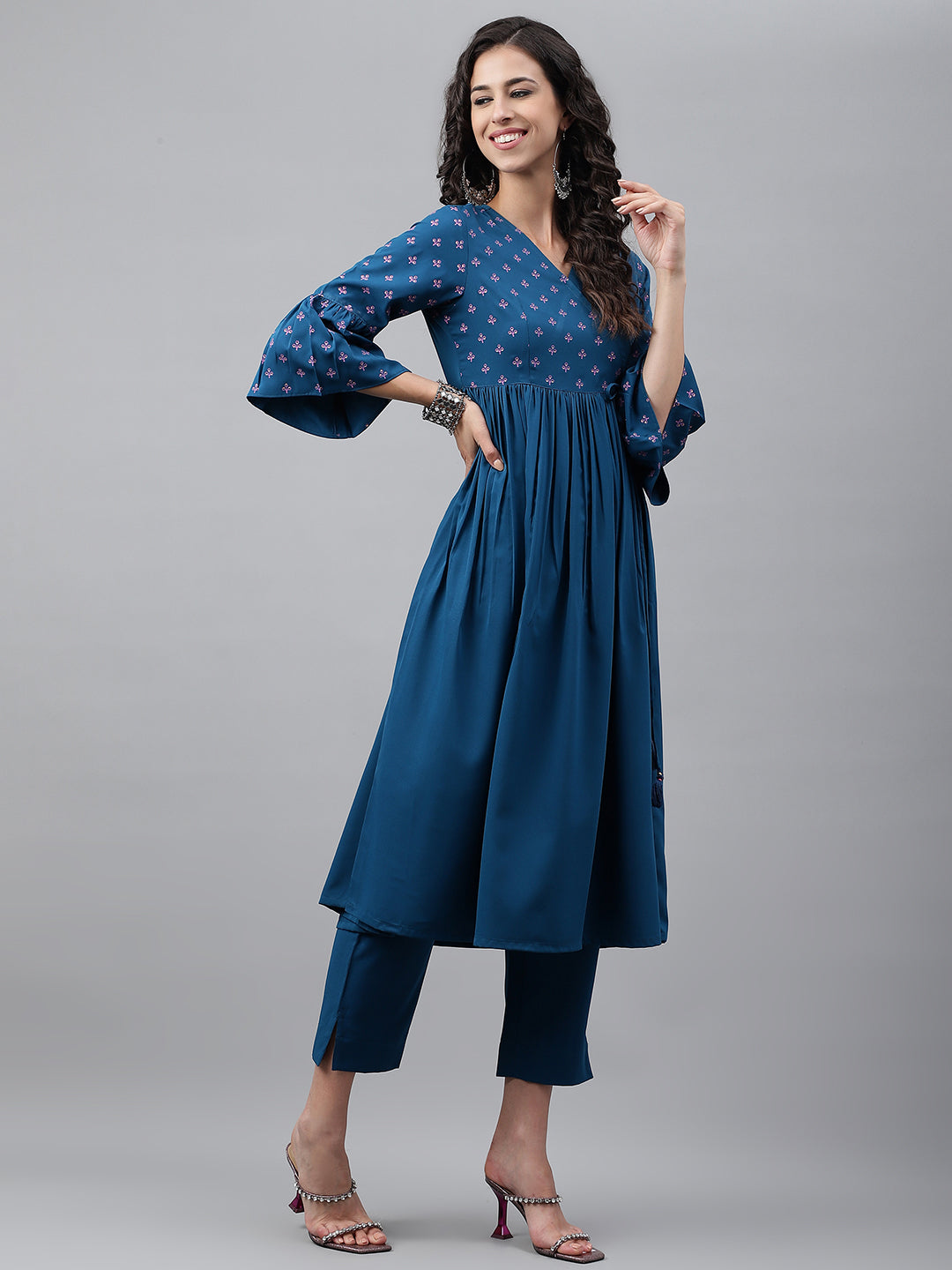 Janasya Women's Blue Crepe Solid Casual Angrakha Kurta | Swadesiicart