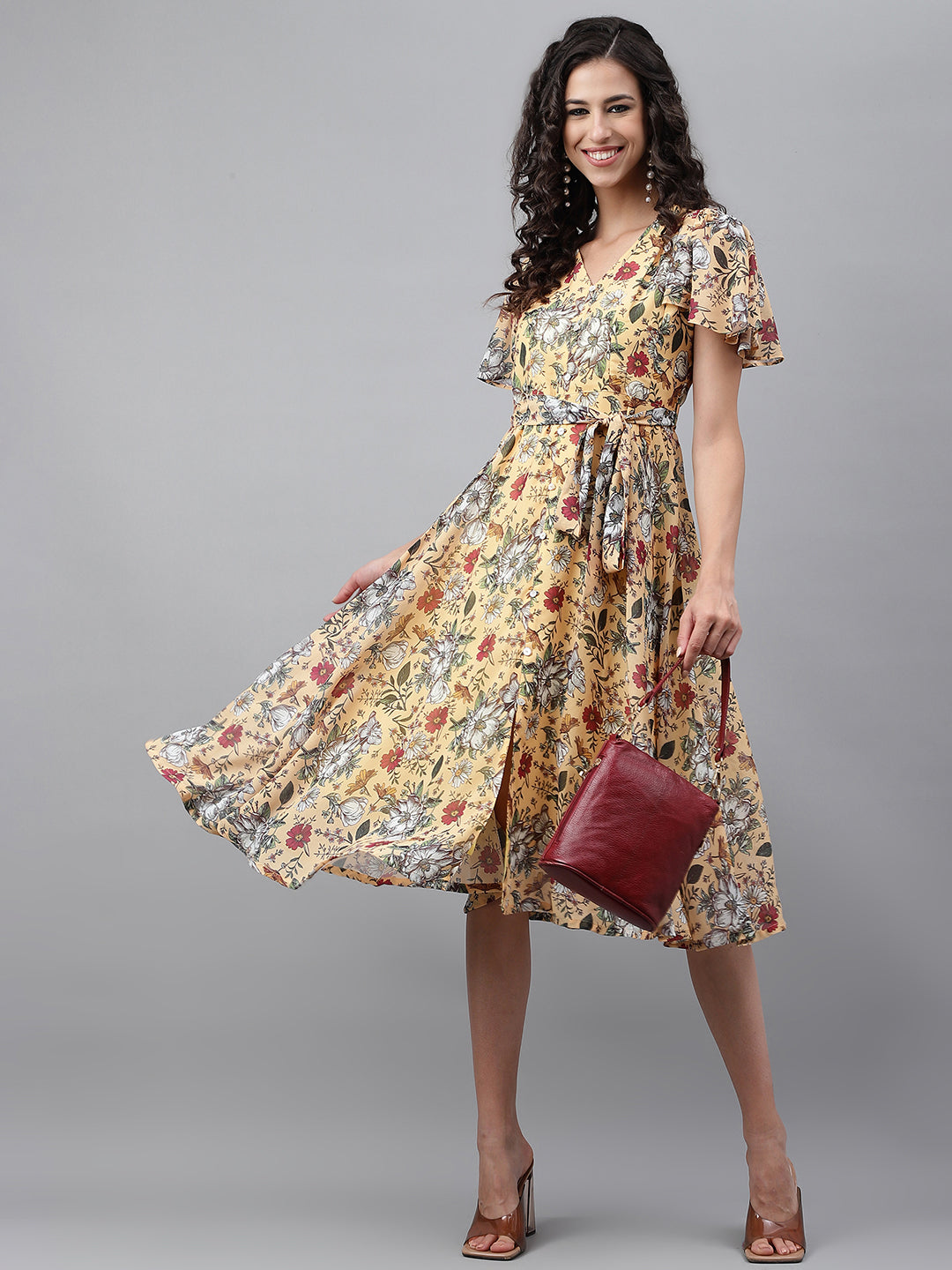 Janasya Women's Yellow Georgette Digital Printed Flared Casual Dress | Swadesiicart