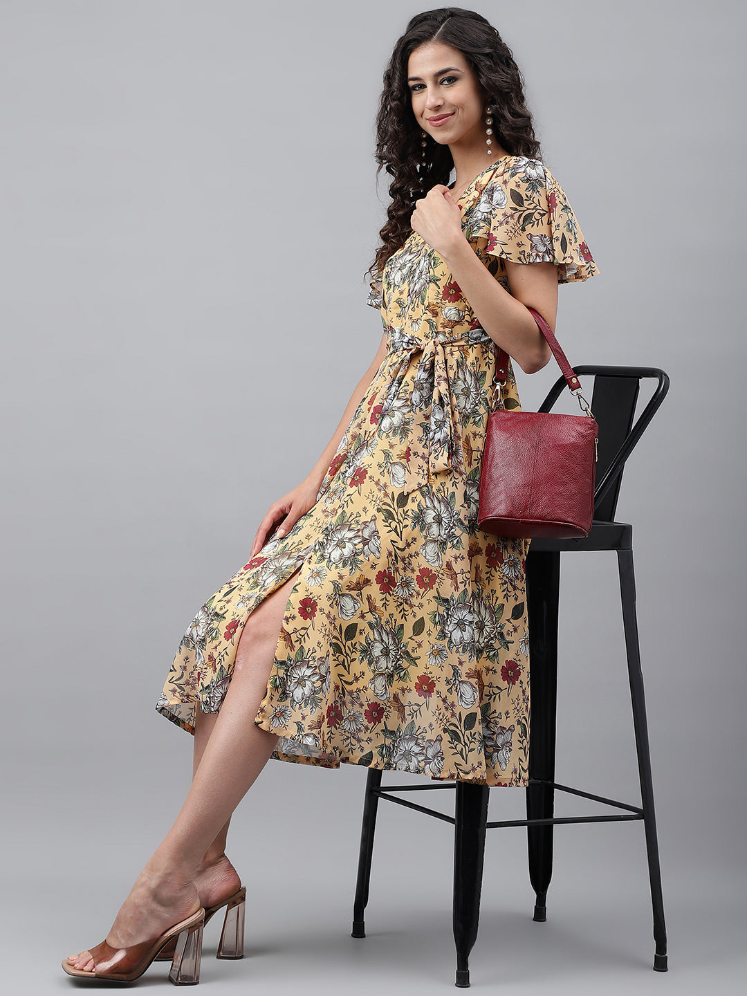 Janasya Women's Yellow Georgette Digital Printed Flared Casual Dress | Swadesiicart