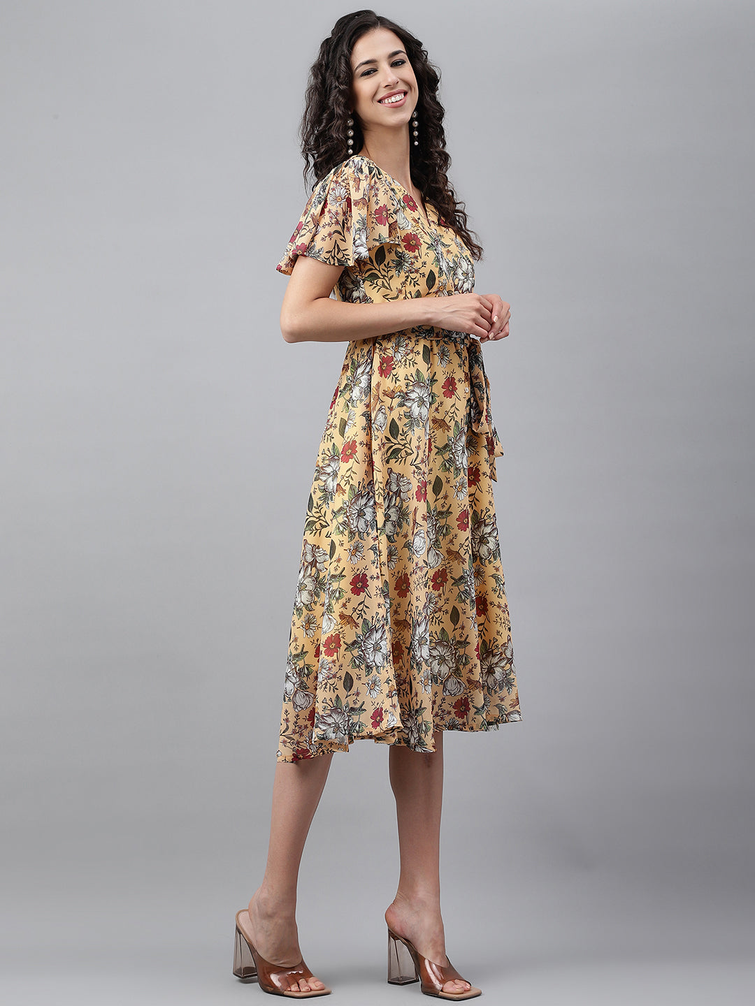 Janasya Women's Yellow Georgette Digital Printed Flared Casual Dress | Swadesiicart