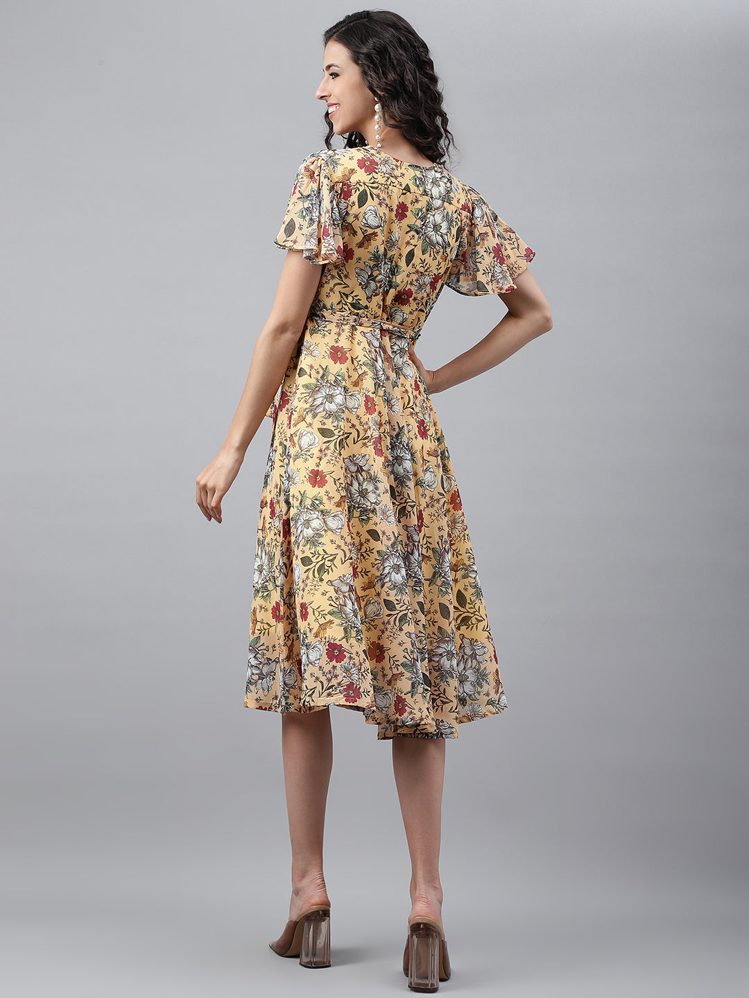 Janasya Women's Yellow Georgette Digital Printed Flared Casual Dress | Swadesiicart