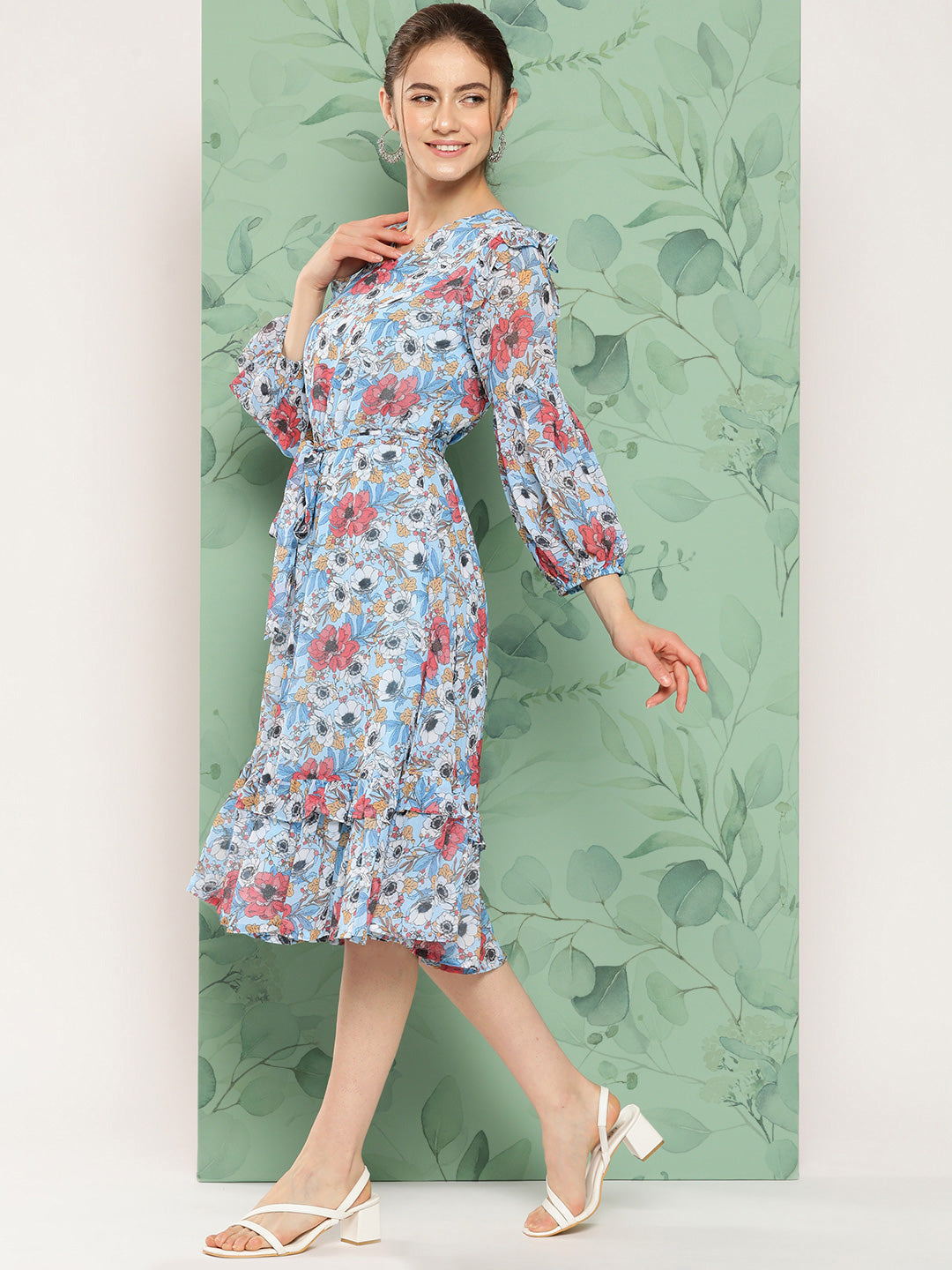 Janasya Women's Sky Blue Georgette Digital Printed A Line Casual Dress | Swadesiicart