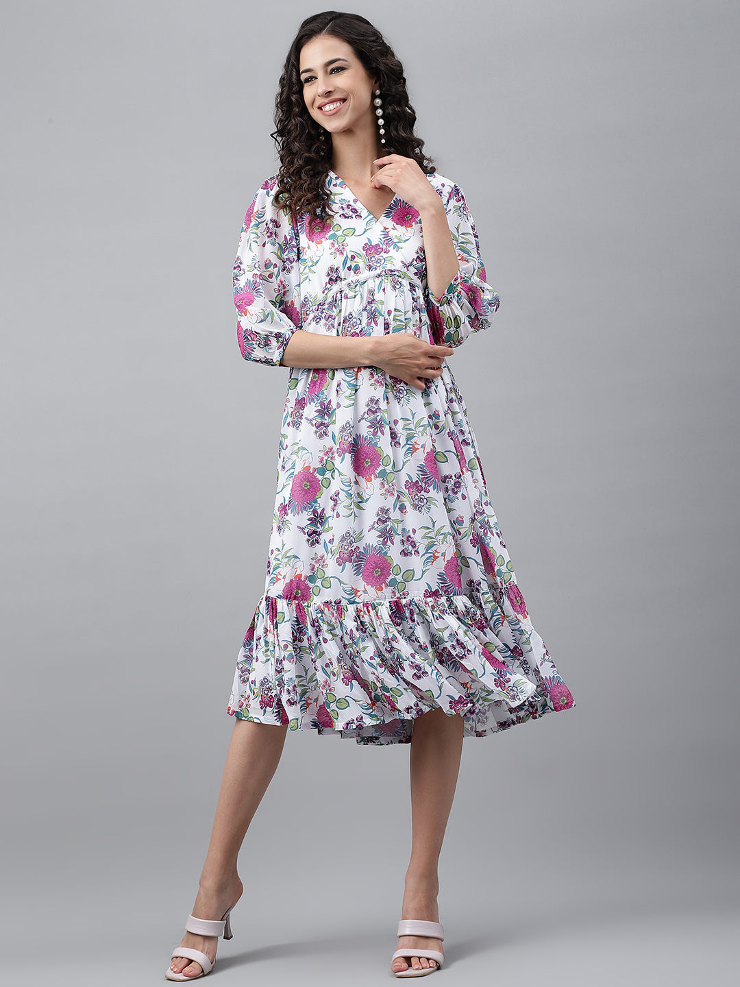 Janasya Women's White Georgette Digital Printed Flared Casual Dress | Swadesiicart