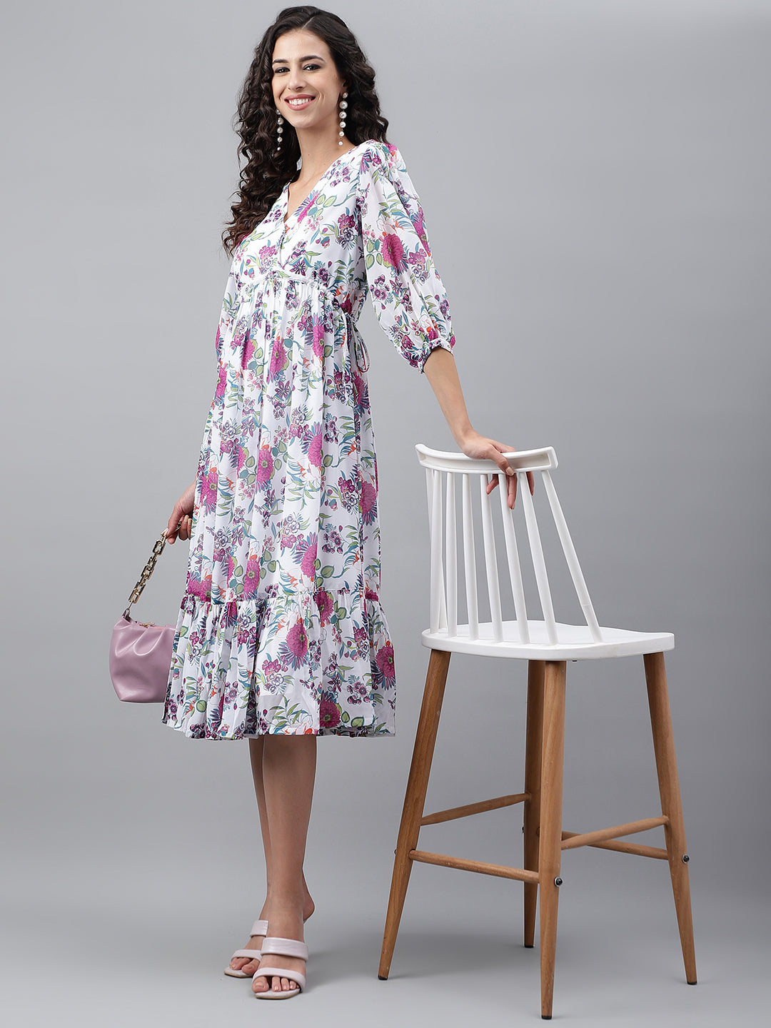 Janasya Women's White Georgette Digital Printed Flared Casual Dress | Swadesiicart