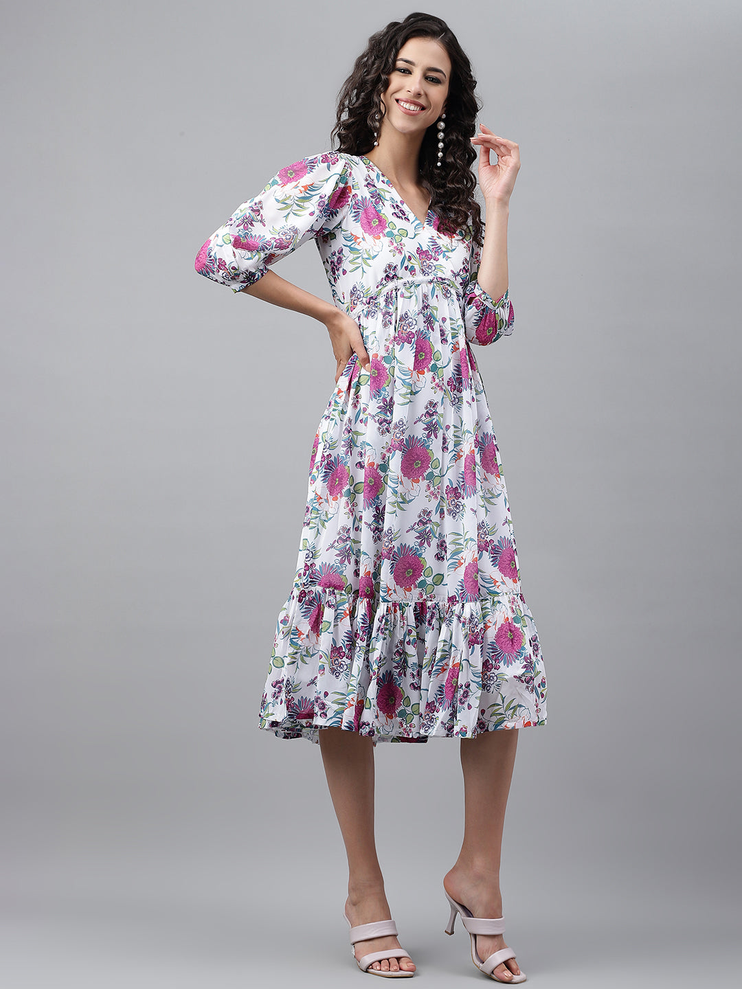 Janasya Women's White Georgette Digital Printed Flared Casual Dress | Swadesiicart