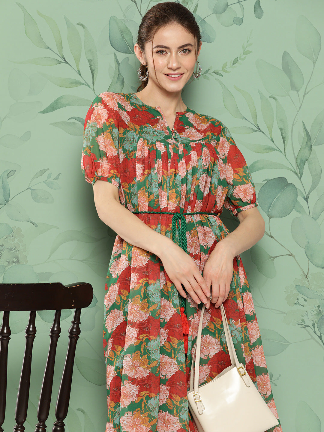 Janasya Women's Green Georgette Digital Printed Empire Casual Dress | Swadesiicart