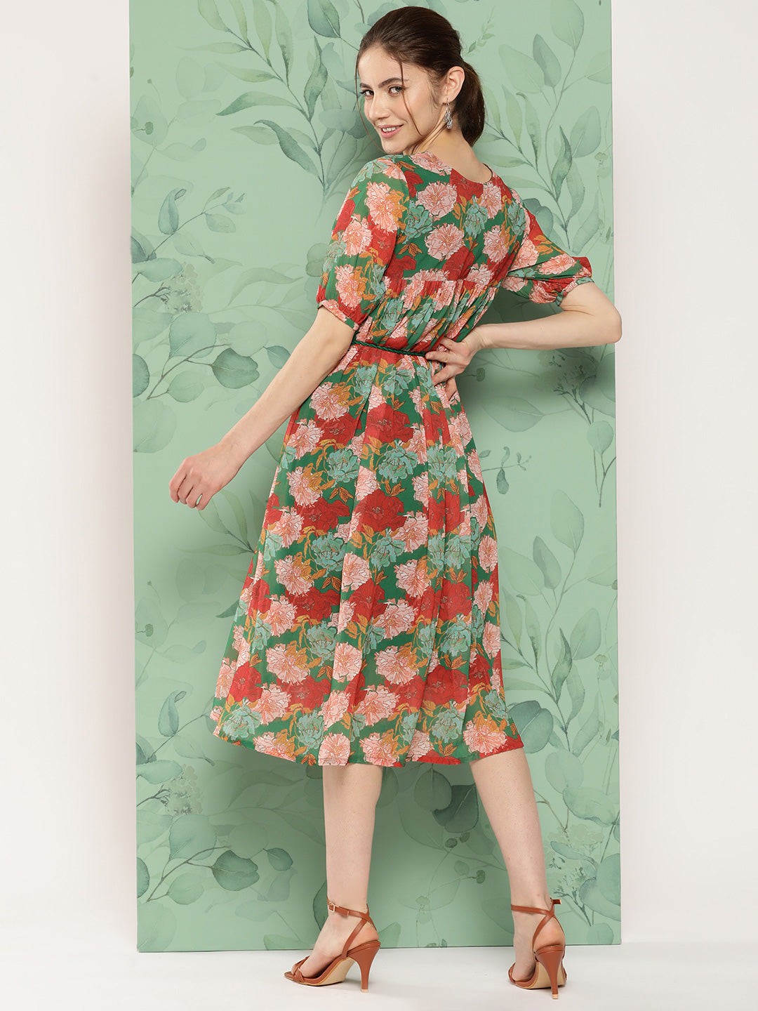 Janasya Women's Green Georgette Digital Printed Empire Casual Dress | Swadesiicart