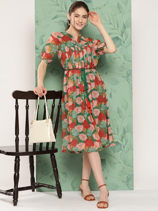Janasya Women's Green Georgette Digital Printed Empire Casual Dress | Swadesiicart