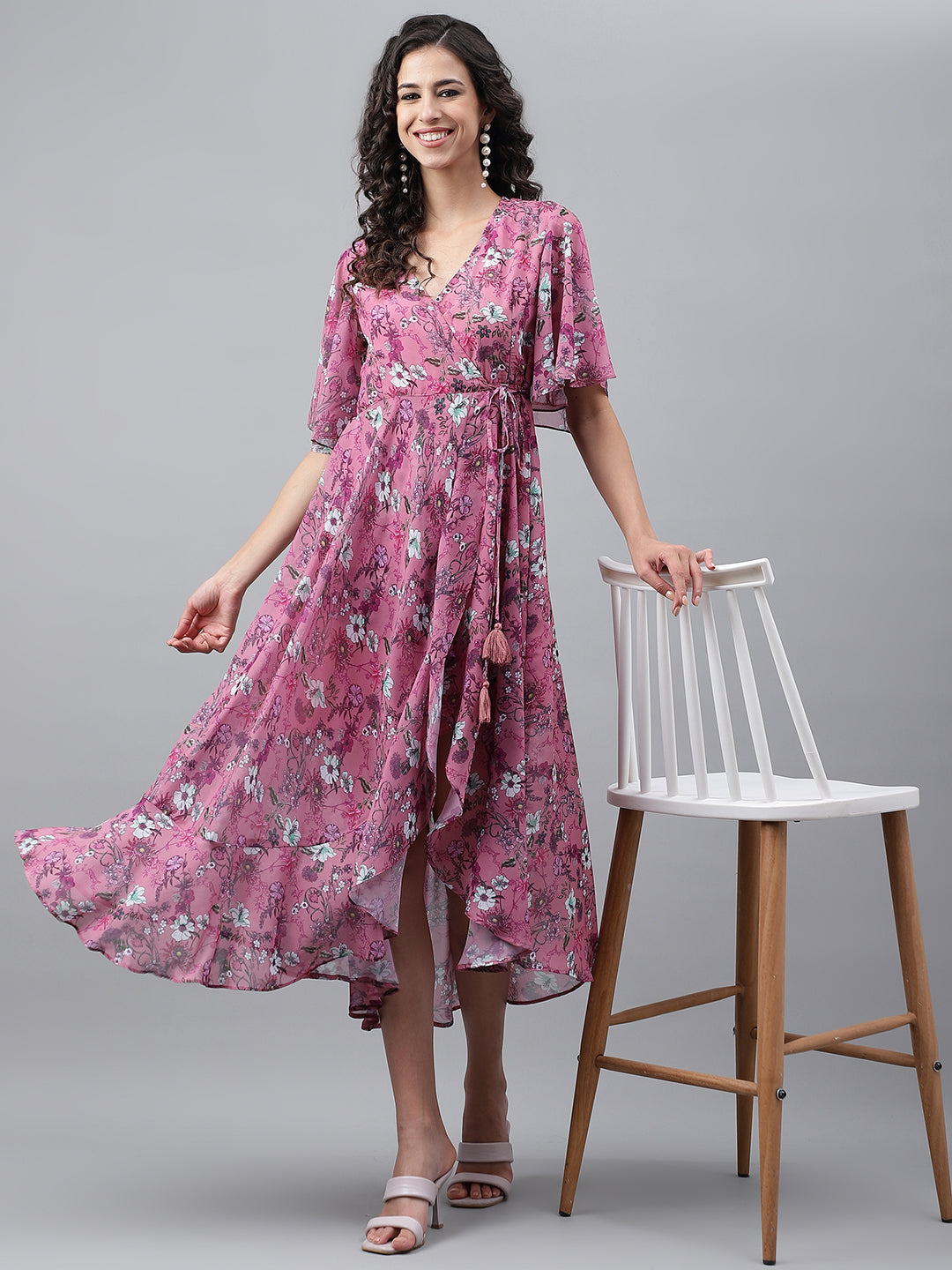 Janasya Women's Pink Georgette Digital Printed Wrap Casual Dress | Swadesiicart