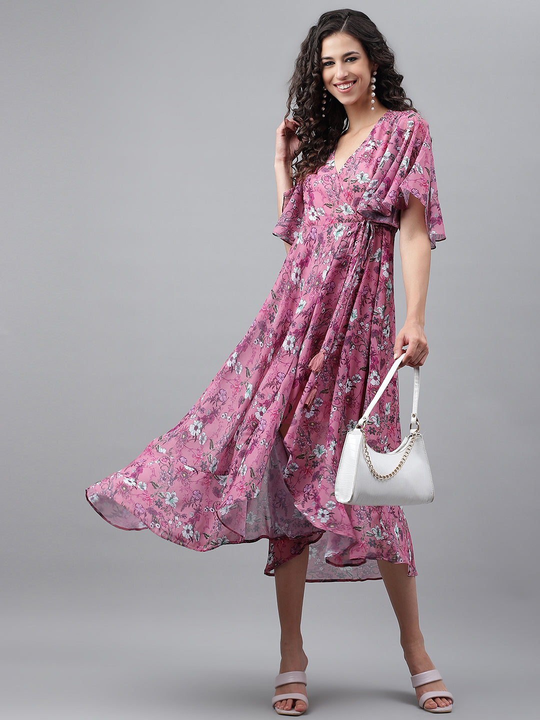 Janasya Women's Pink Georgette Digital Printed Wrap Casual Dress | Swadesiicart