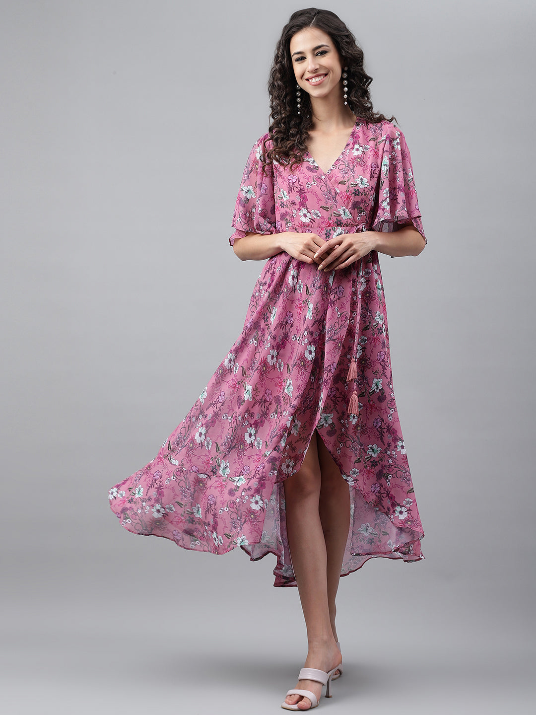 Janasya Women's Pink Georgette Digital Printed Wrap Casual Dress | Swadesiicart
