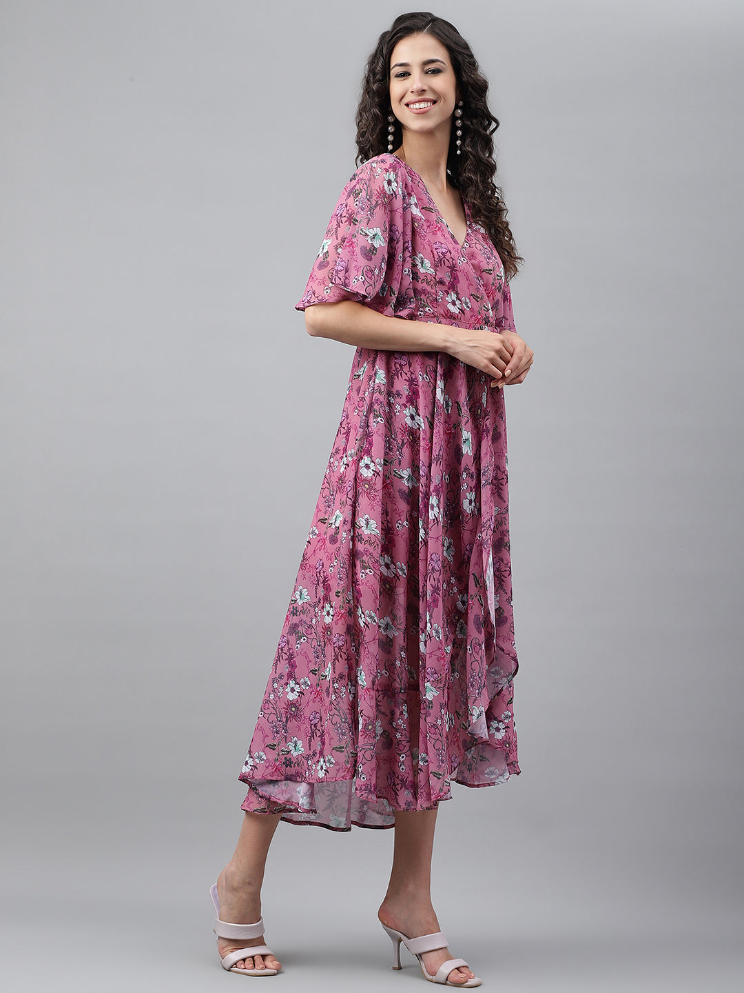Janasya Women's Pink Georgette Digital Printed Wrap Casual Dress | Swadesiicart