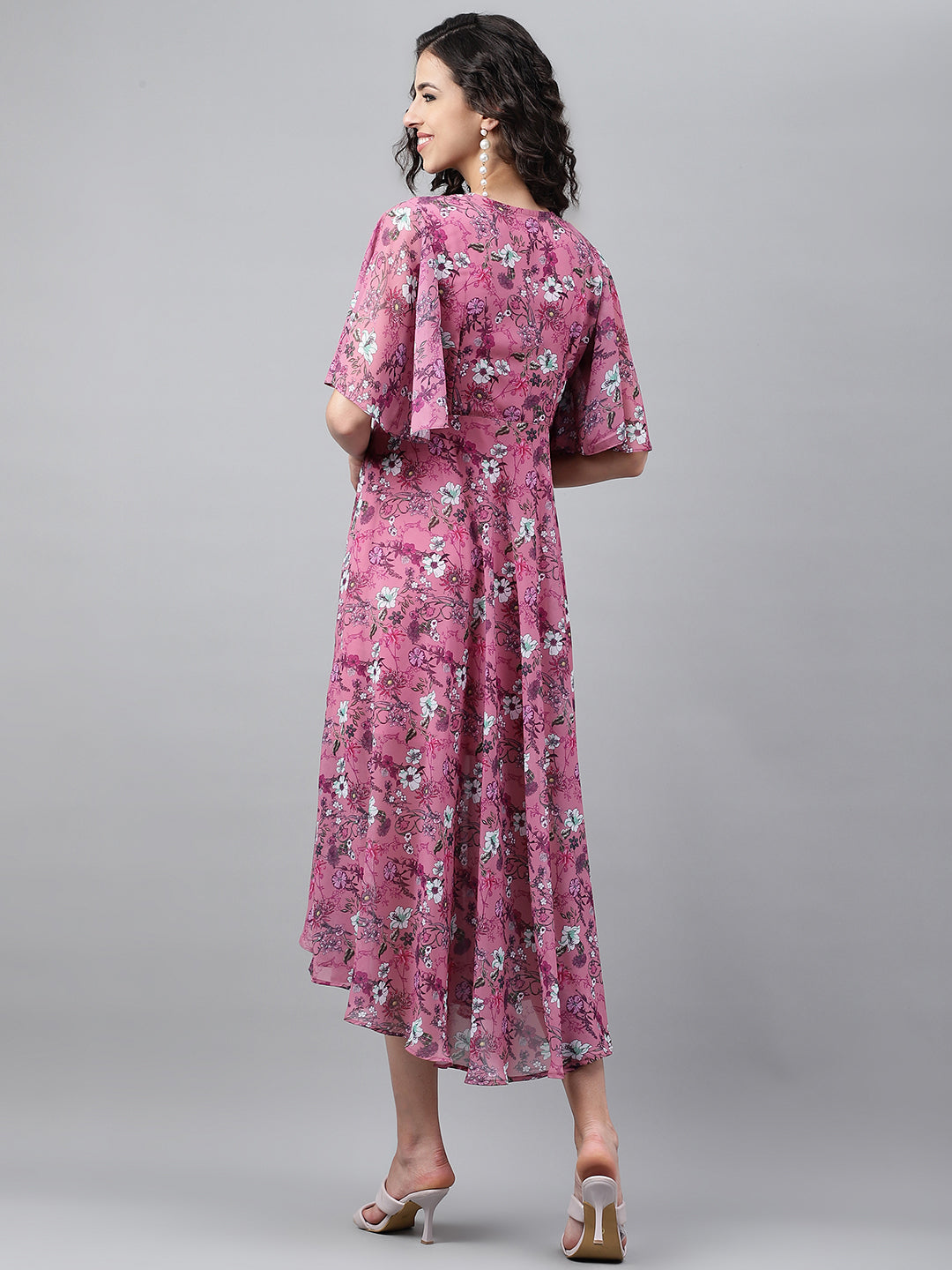Janasya Women's Pink Georgette Digital Printed Wrap Casual Dress | Swadesiicart