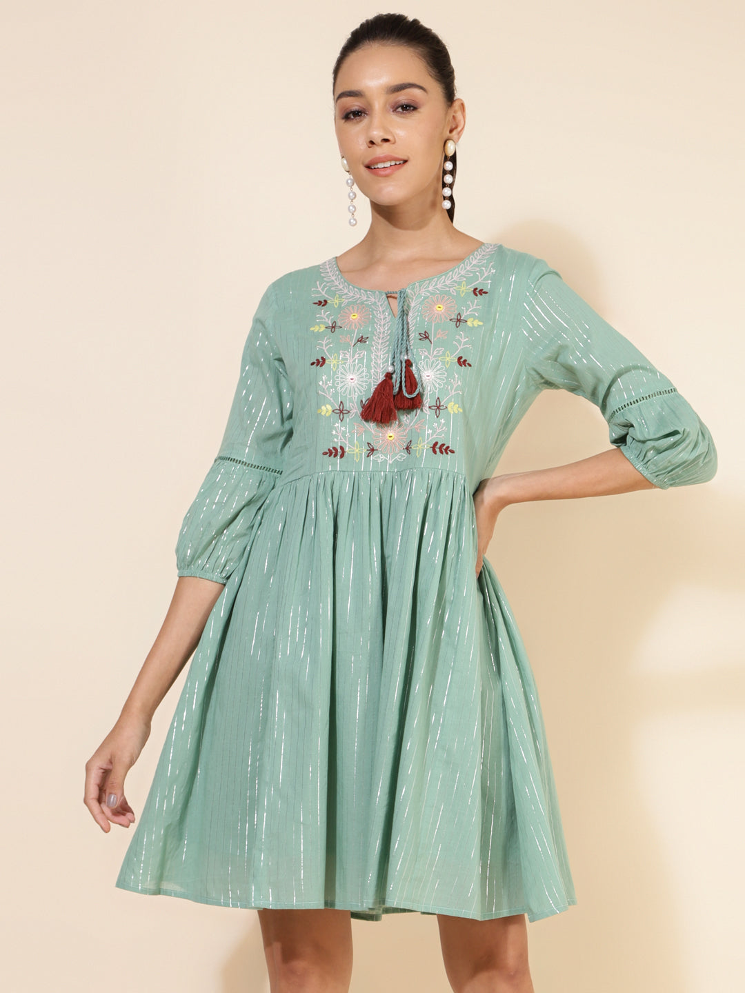 Janasya Women's Green Cotton Yoke Embroidery Casual Dress | Swadesiicart
