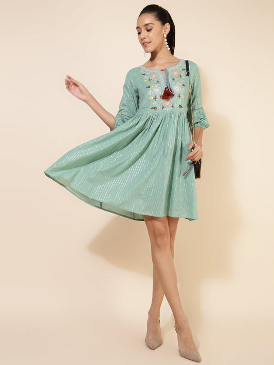 Janasya Women's Green Cotton Yoke Embroidery Casual Dress | Swadesiicart