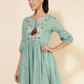 Janasya Women's Green Cotton Yoke Embroidery Casual Dress | Swadesiicart
