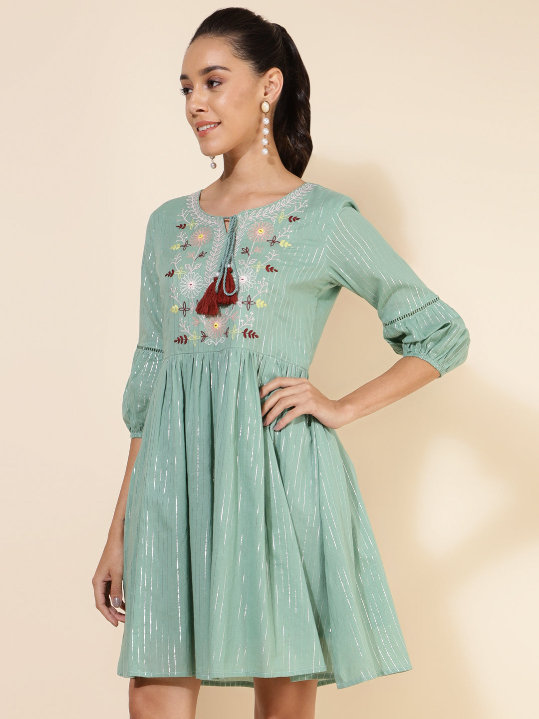 Janasya Women's Green Cotton Yoke Embroidery Casual Dress | Swadesiicart