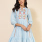Janasya Women's Sky Blue Cotton Embroidery Casual Dress | Swadesiicart