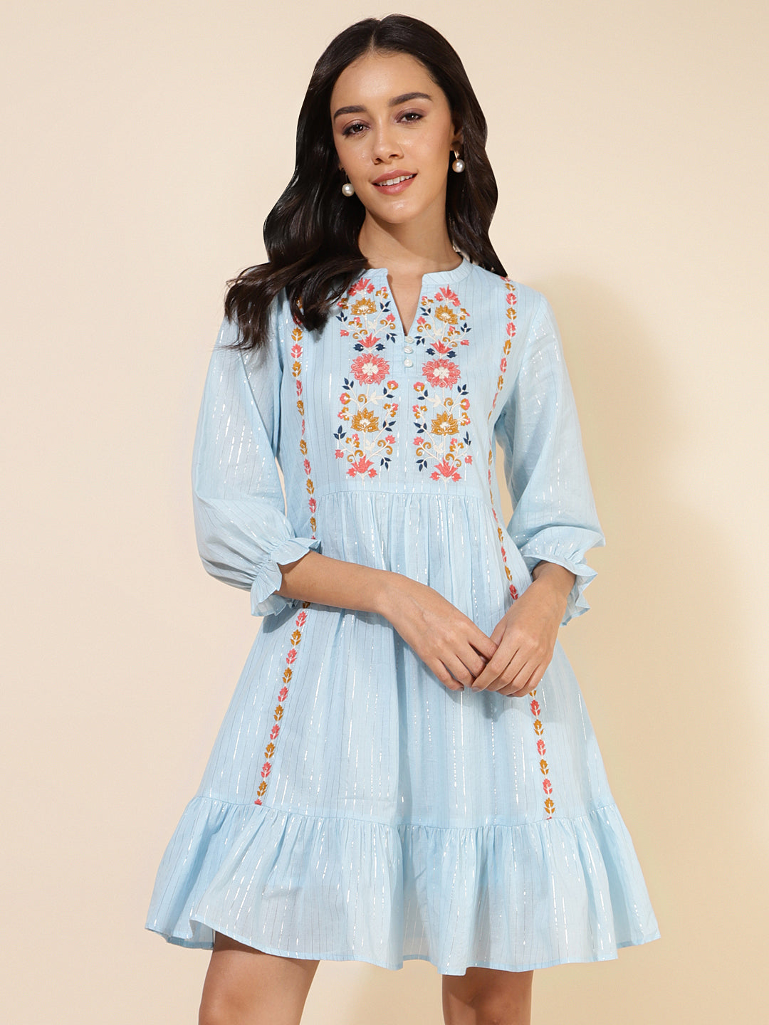Janasya Women's Sky Blue Cotton Embroidery Casual Dress | Swadesiicart