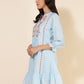 Janasya Women's Sky Blue Cotton Embroidery Casual Dress | Swadesiicart