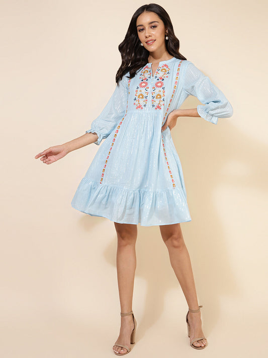Janasya Women's Sky Blue Cotton Embroidery Casual Dress | Swadesiicart