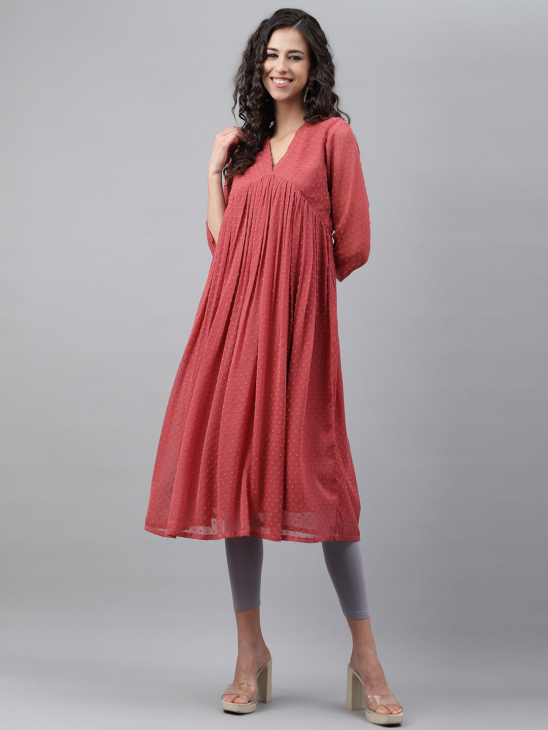 Janasya Women's Pink Dobby Chiffon Self Design Casual Empire Kurta - Swadesiicart