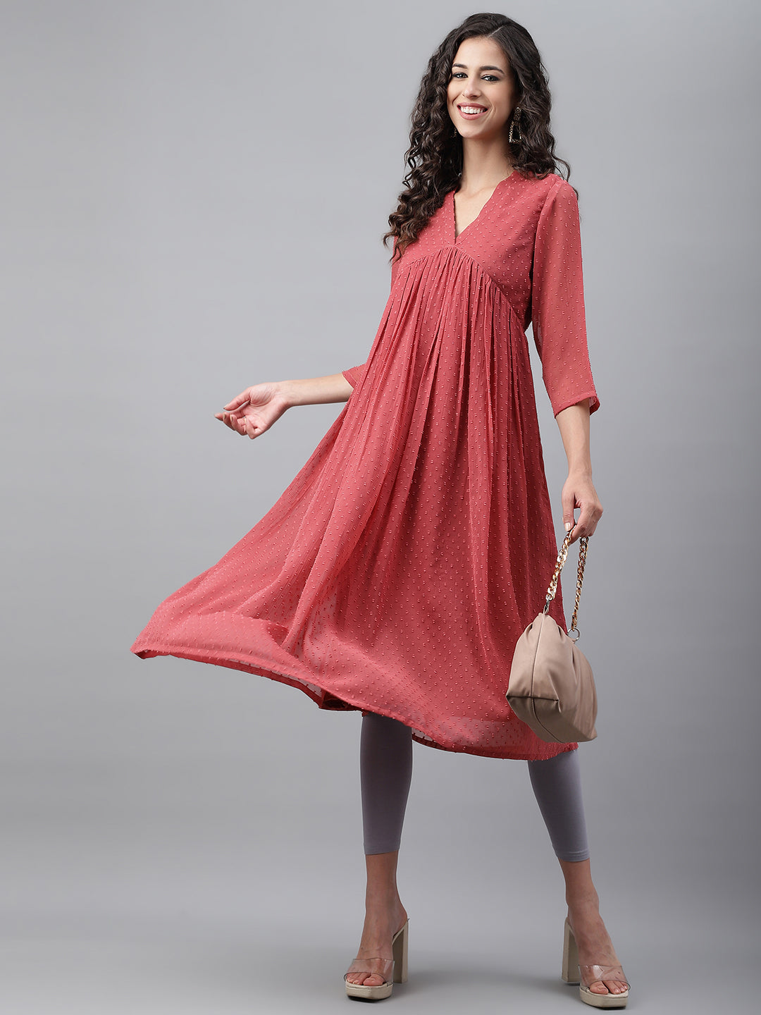 Janasya Women's Pink Dobby Chiffon Self Design Casual Empire Kurta - Swadesiicart