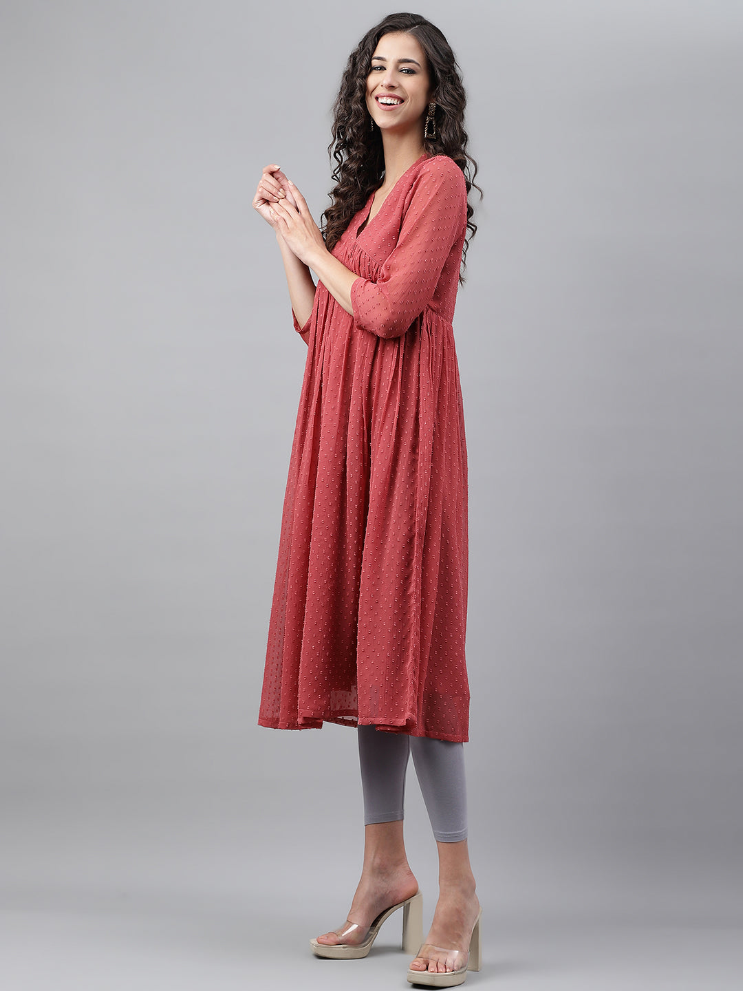 Janasya Women's Pink Dobby Chiffon Self Design Casual Empire Kurta - Swadesiicart