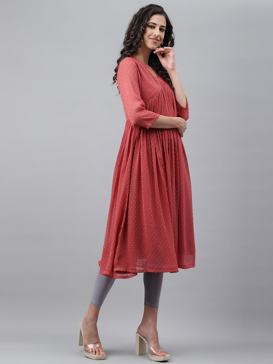 Janasya Women's Pink Dobby Chiffon Self Design Casual Empire Kurta - Swadesiicart