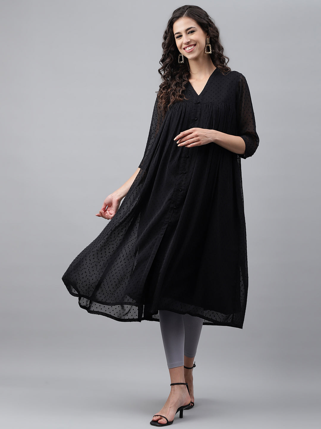 Janasya Women's Black Dobby Chiffon Self Design Festive Empire Kurta - Swadesiicart