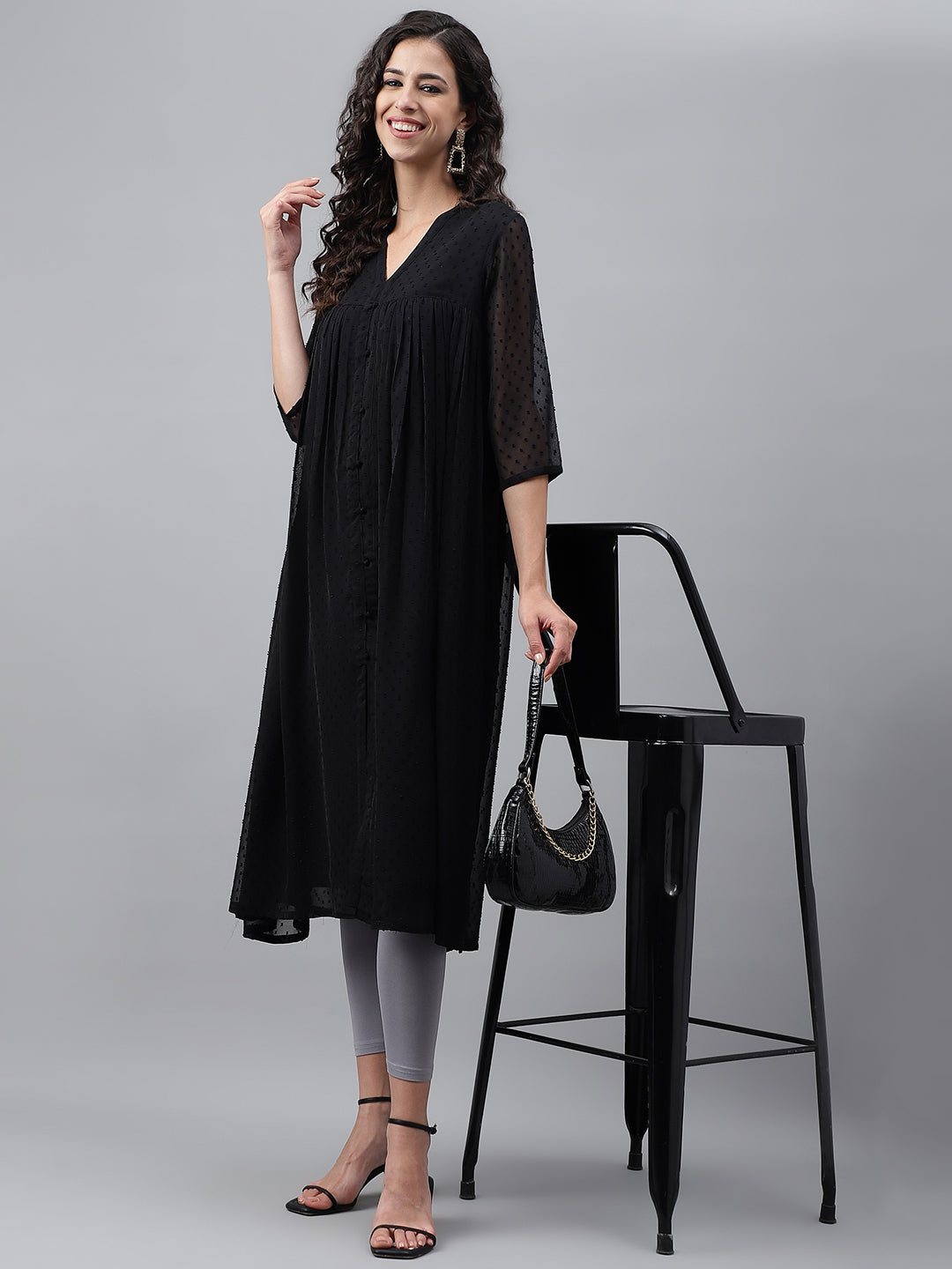 Janasya Women's Black Dobby Chiffon Self Design Festive Empire Kurta - Swadesiicart