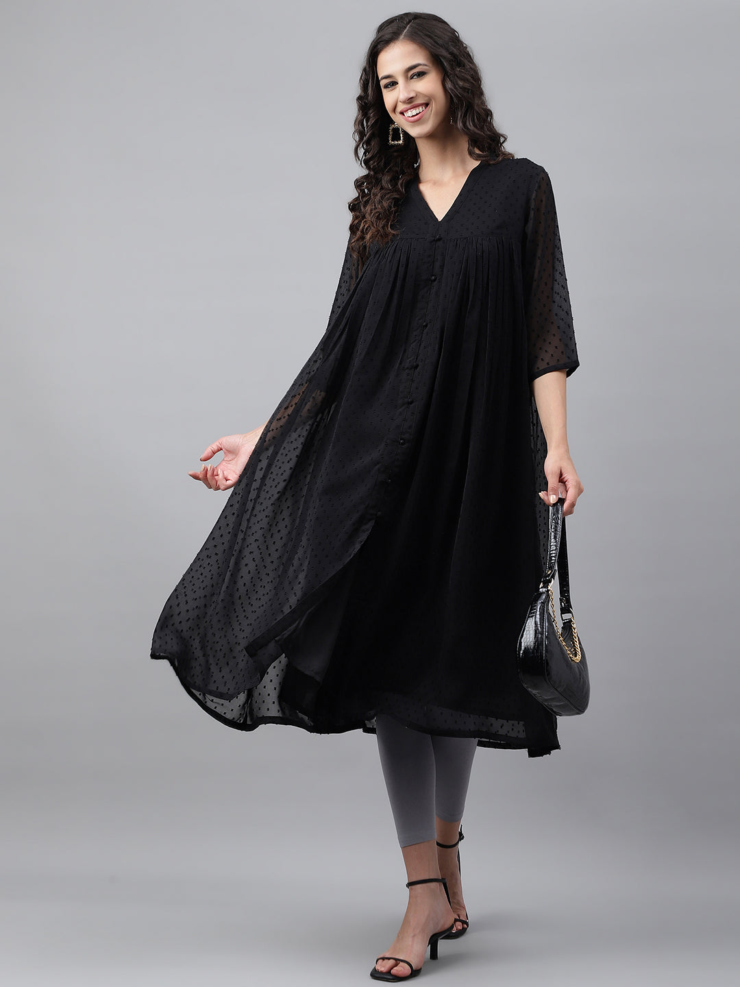 Janasya Women's Black Dobby Chiffon Self Design Festive Empire Kurta - Swadesiicart