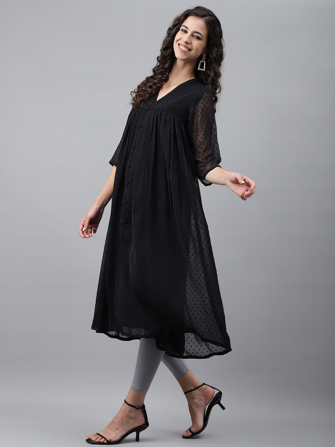Janasya Women's Black Dobby Chiffon Self Design Festive Empire Kurta - Swadesiicart