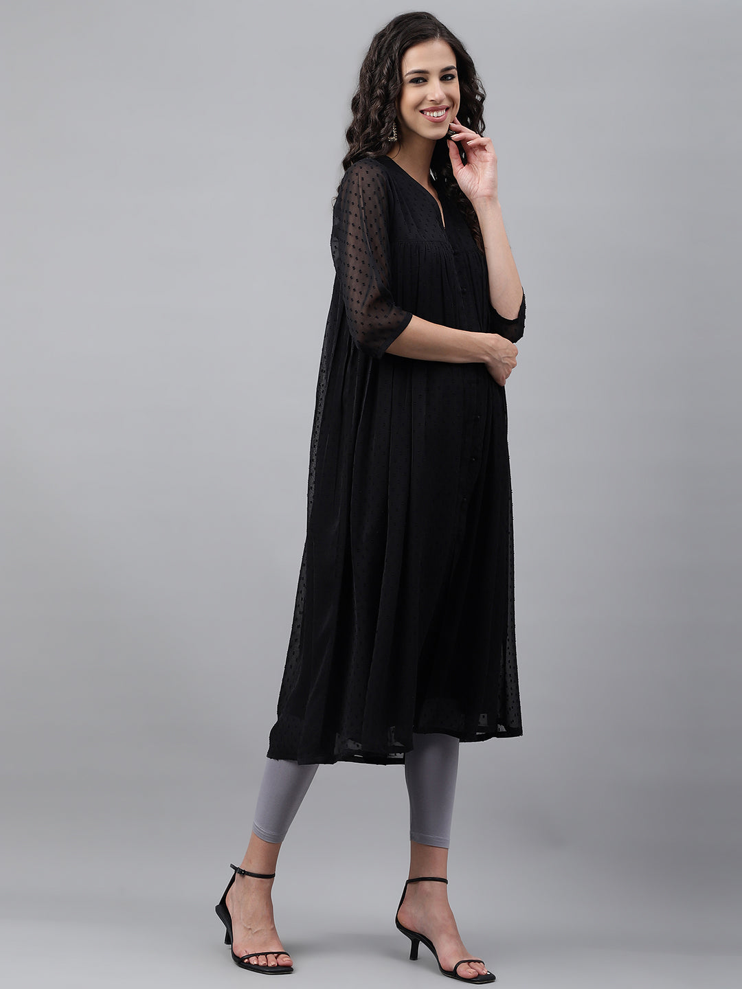 Janasya Women's Black Dobby Chiffon Self Design Festive Empire Kurta - Swadesiicart