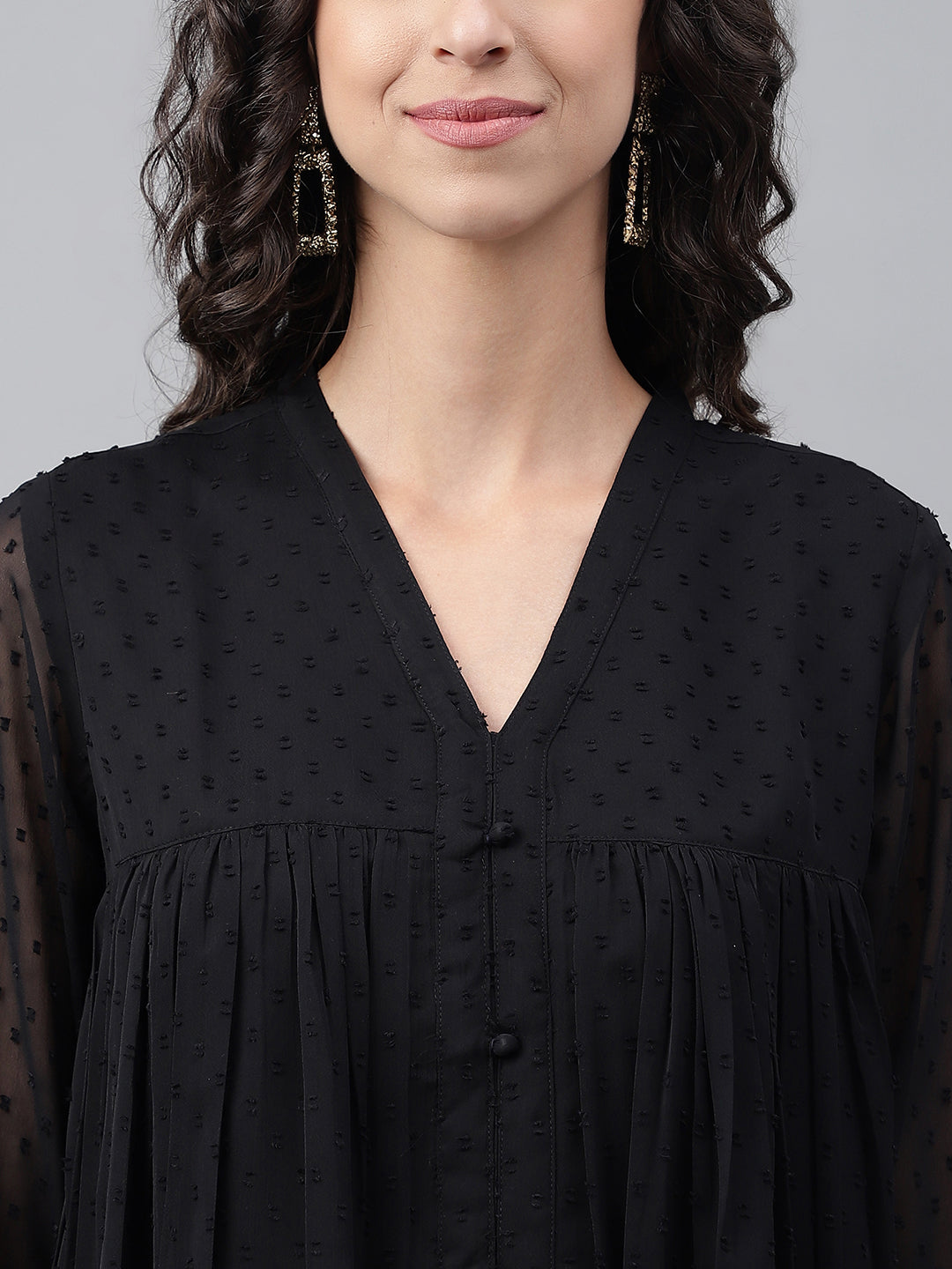 Janasya Women's Black Dobby Chiffon Self Design Festive Empire Kurta - Swadesiicart