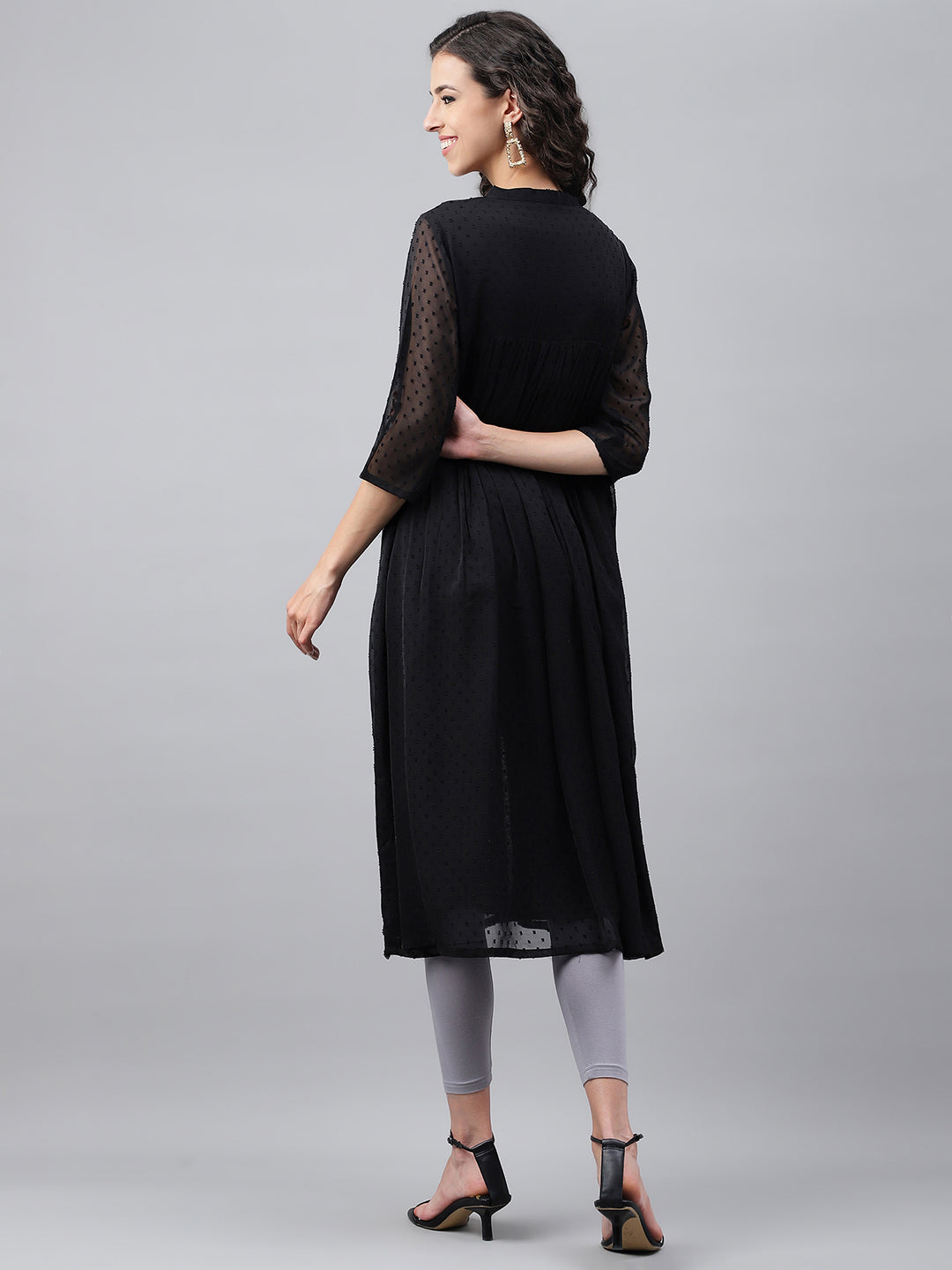 Janasya Women's Black Dobby Chiffon Self Design Festive Empire Kurta - Swadesiicart