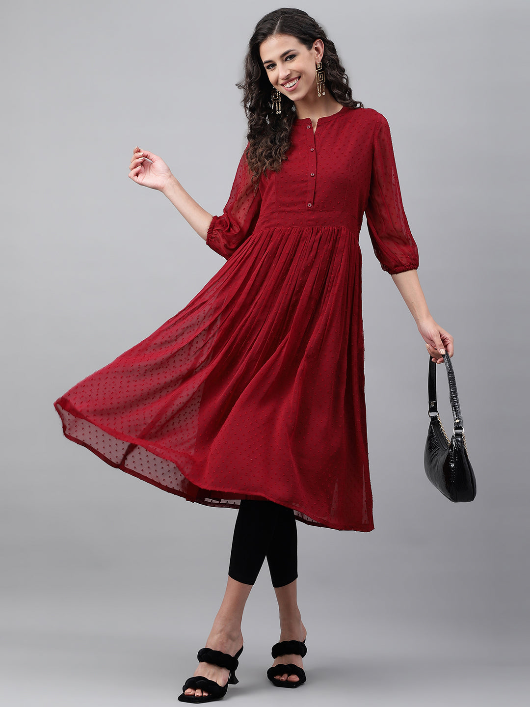 Janasya Women's Maroon Dobby Chiffon Self Design Casual Flared Kurta | Swadesiicart