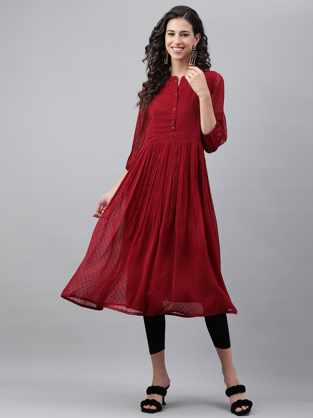 Janasya Women's Maroon Dobby Chiffon Self Design Casual Flared Kurta | Swadesiicart