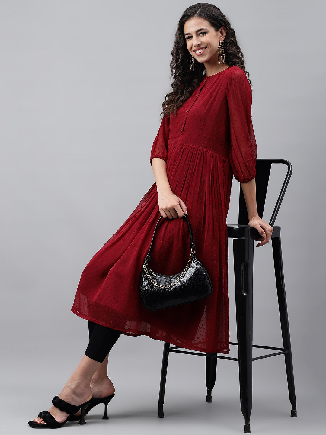 Janasya Women's Maroon Dobby Chiffon Self Design Casual Flared Kurta | Swadesiicart