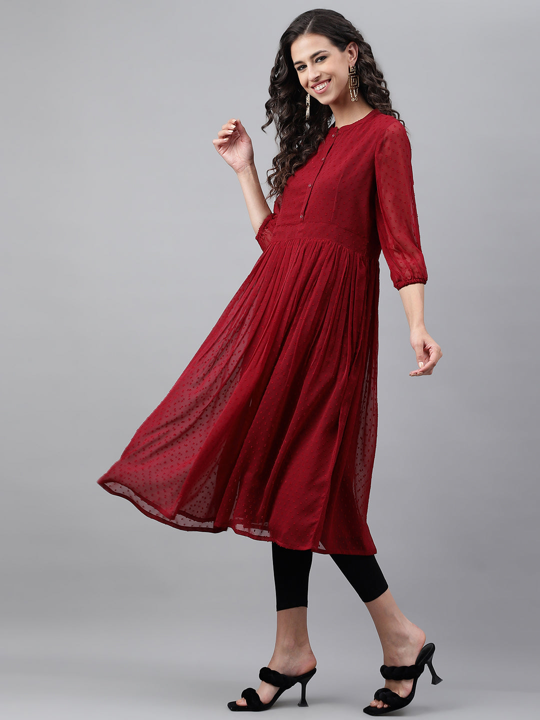 Janasya Women's Maroon Dobby Chiffon Self Design Casual Flared Kurta | Swadesiicart