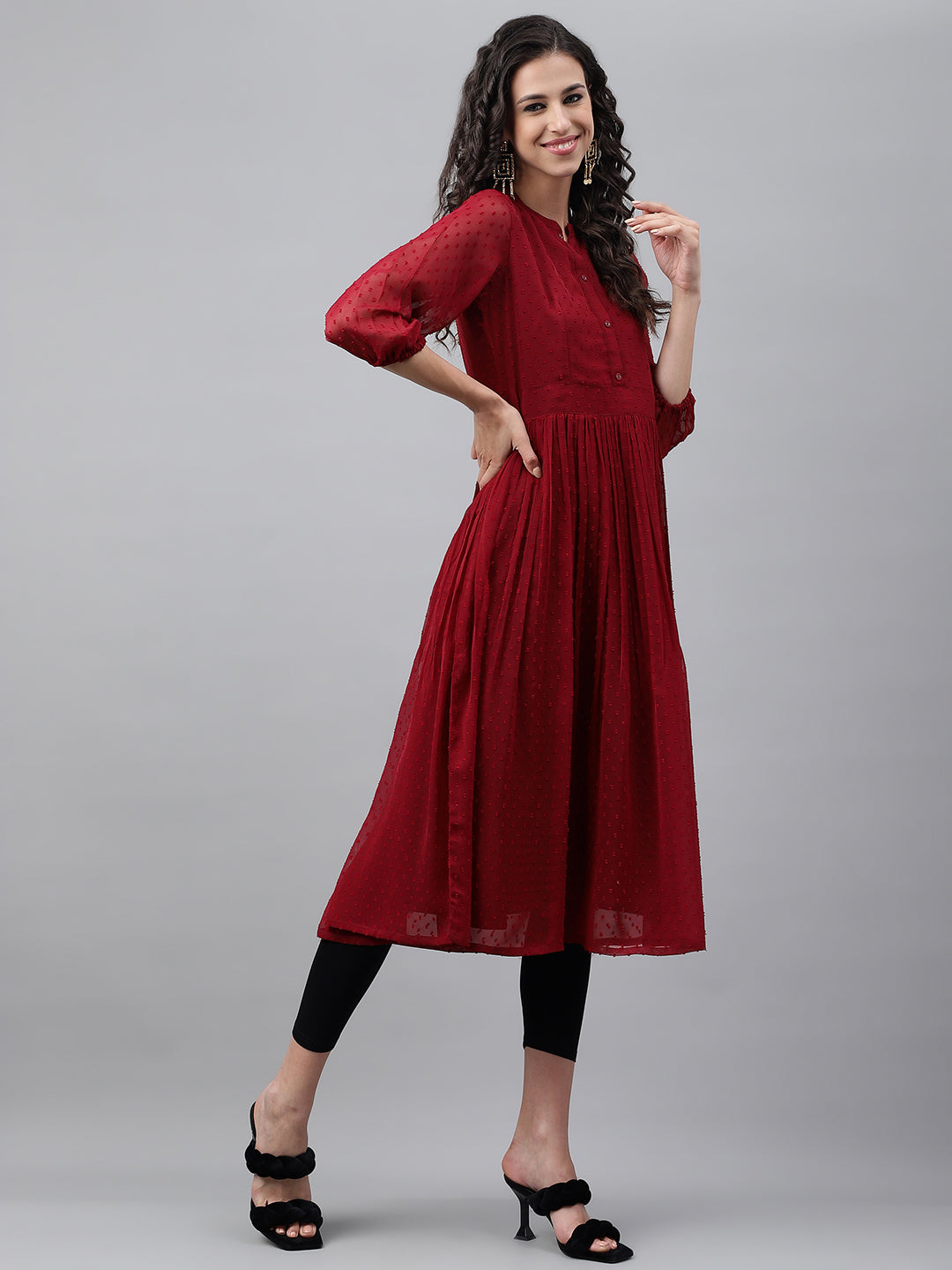 Janasya Women's Maroon Dobby Chiffon Self Design Casual Flared Kurta | Swadesiicart