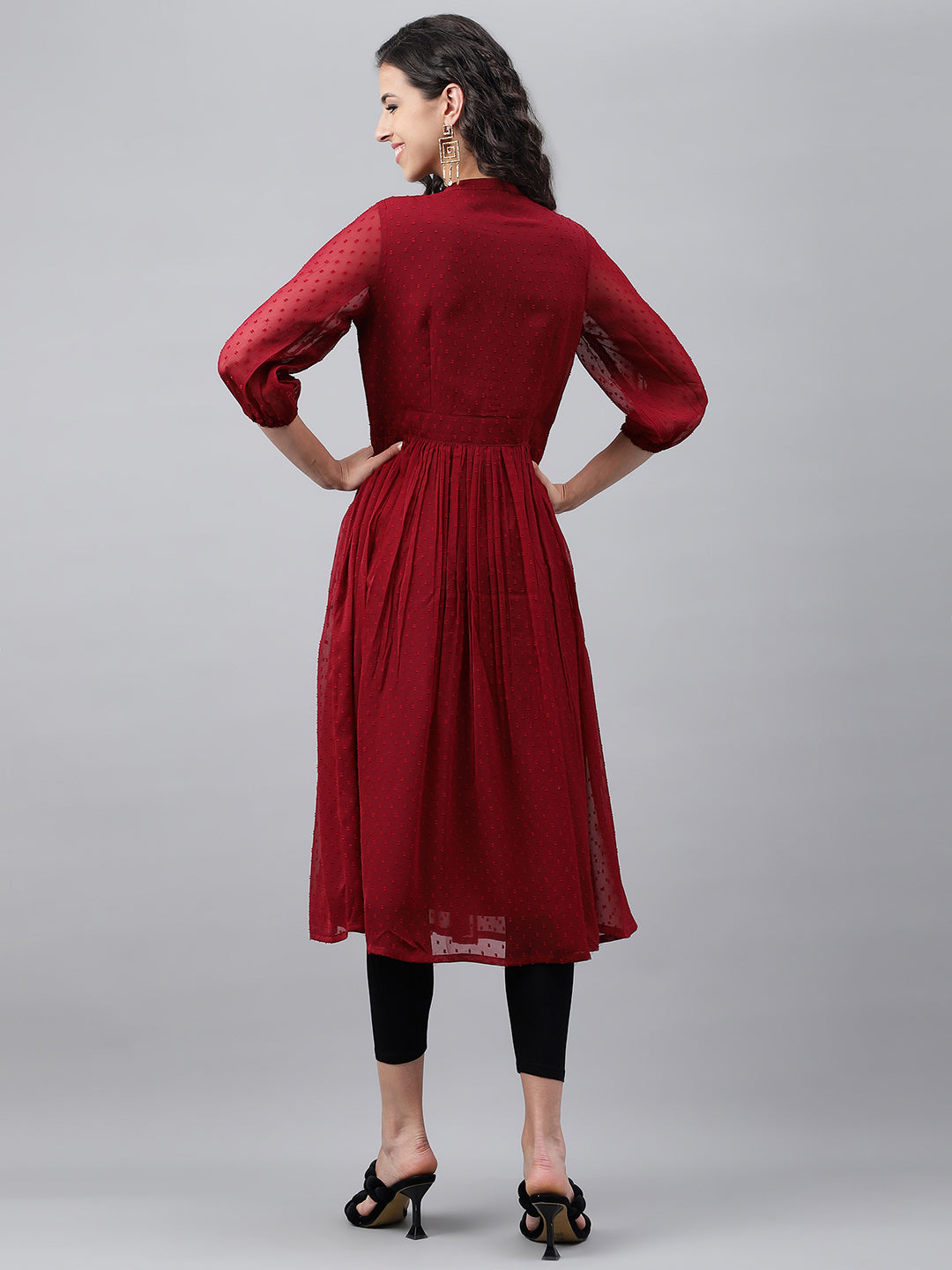 Janasya Women's Maroon Dobby Chiffon Self Design Casual Flared Kurta | Swadesiicart
