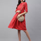 Janasya Women's Red Cotton Woven Design Flared Casual Dress | Swadesiicart