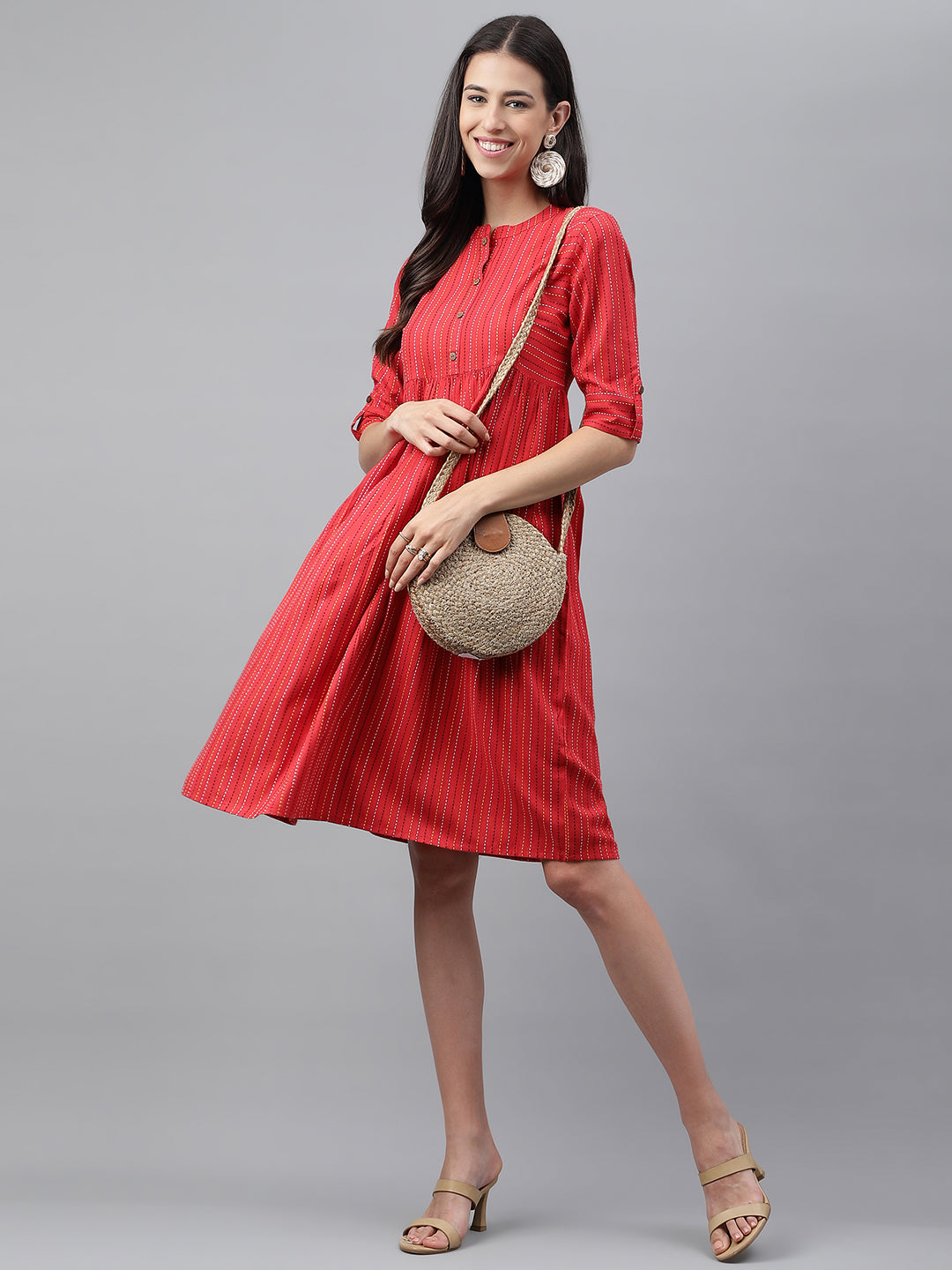 Janasya Women's Red Cotton Woven Design Flared Casual Dress | Swadesiicart