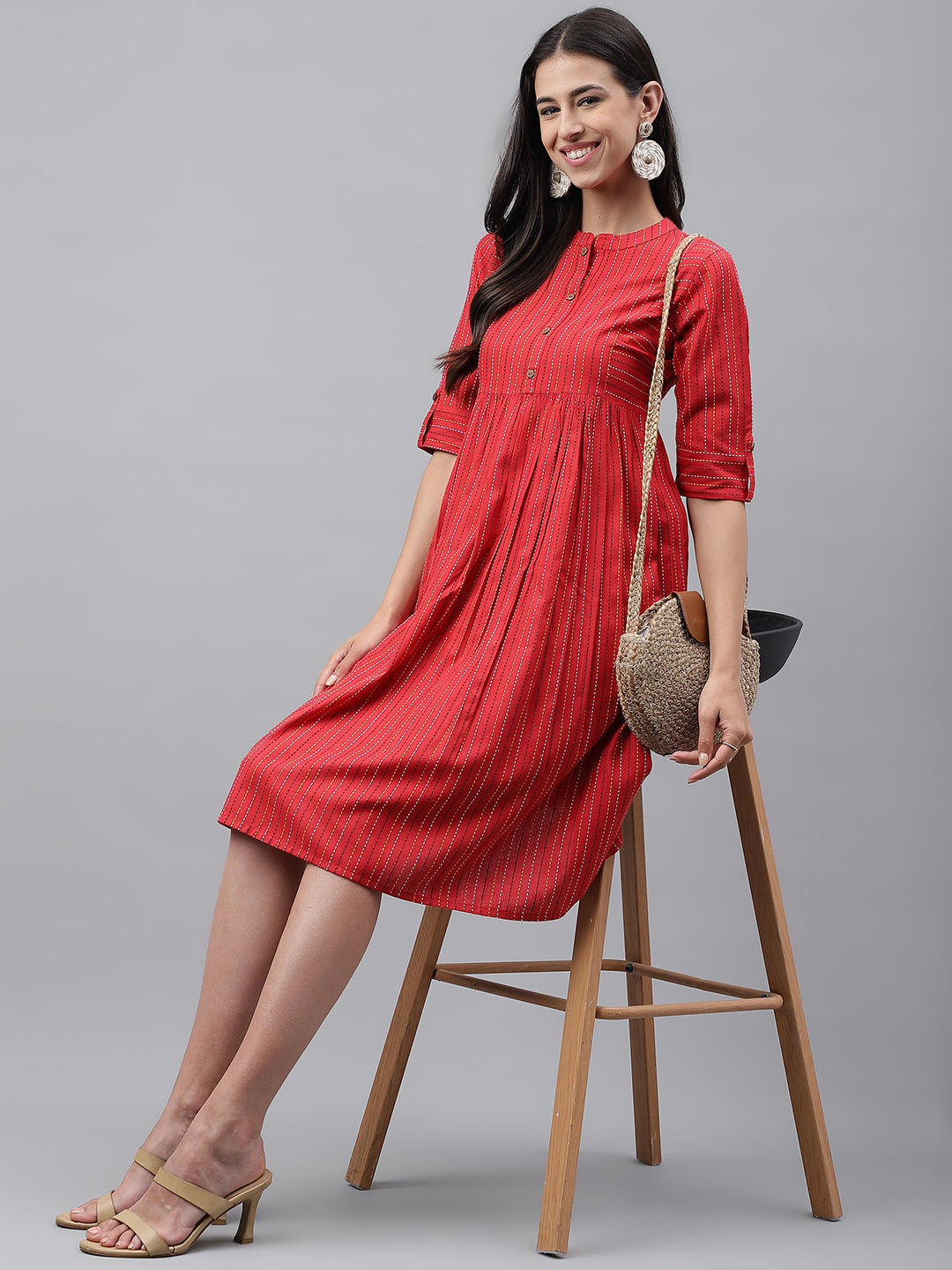 Janasya Women's Red Cotton Woven Design Flared Casual Dress | Swadesiicart
