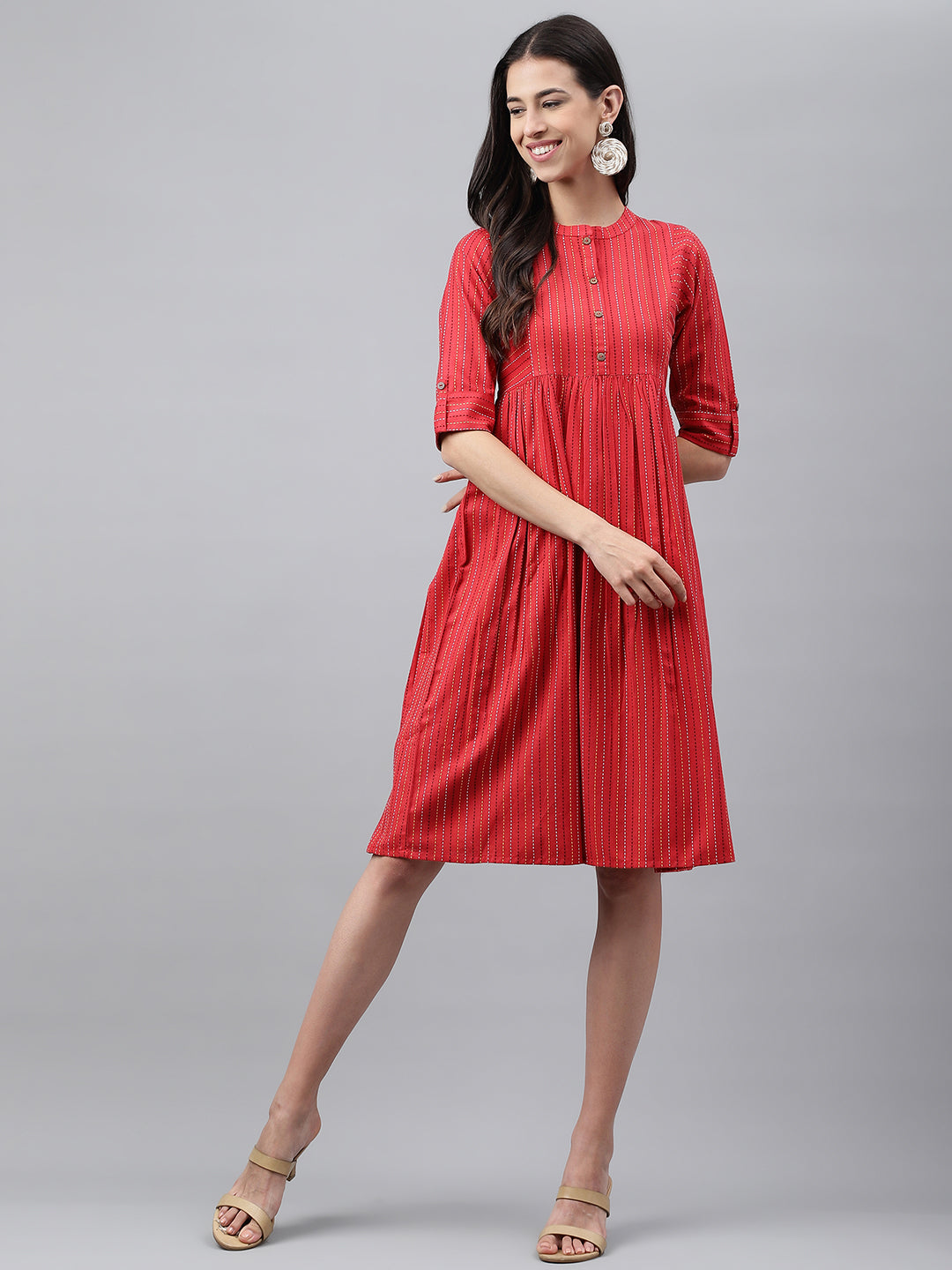 Janasya Women's Red Cotton Woven Design Flared Casual Dress | Swadesiicart
