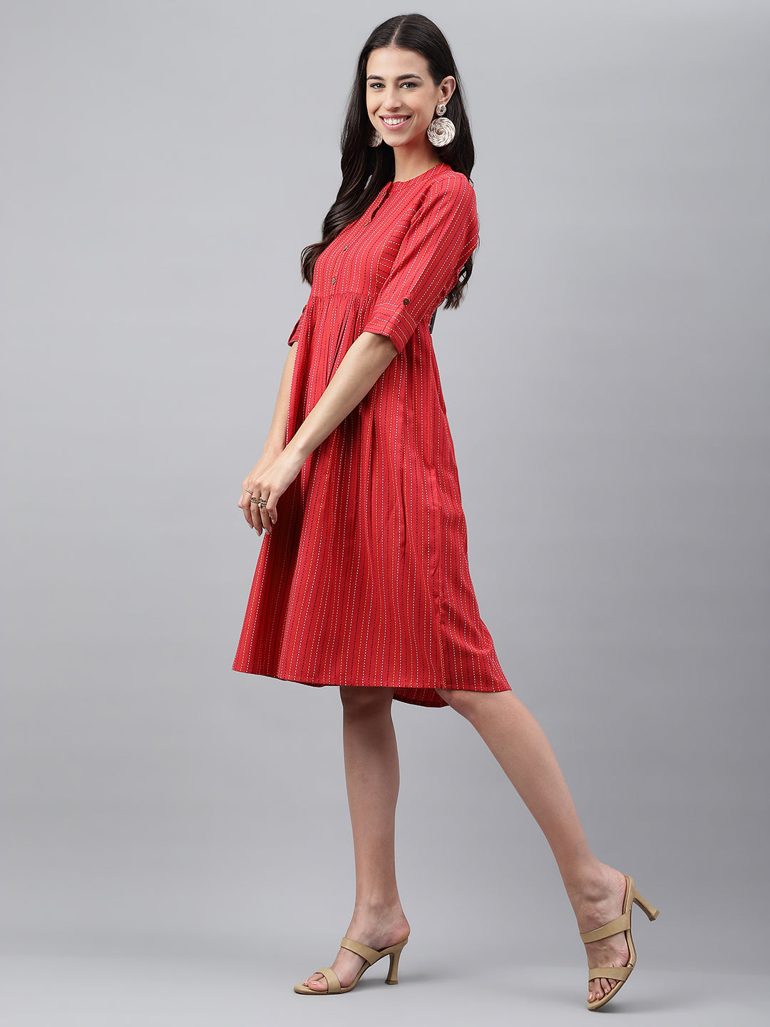 Janasya Women's Red Cotton Woven Design Flared Casual Dress | Swadesiicart