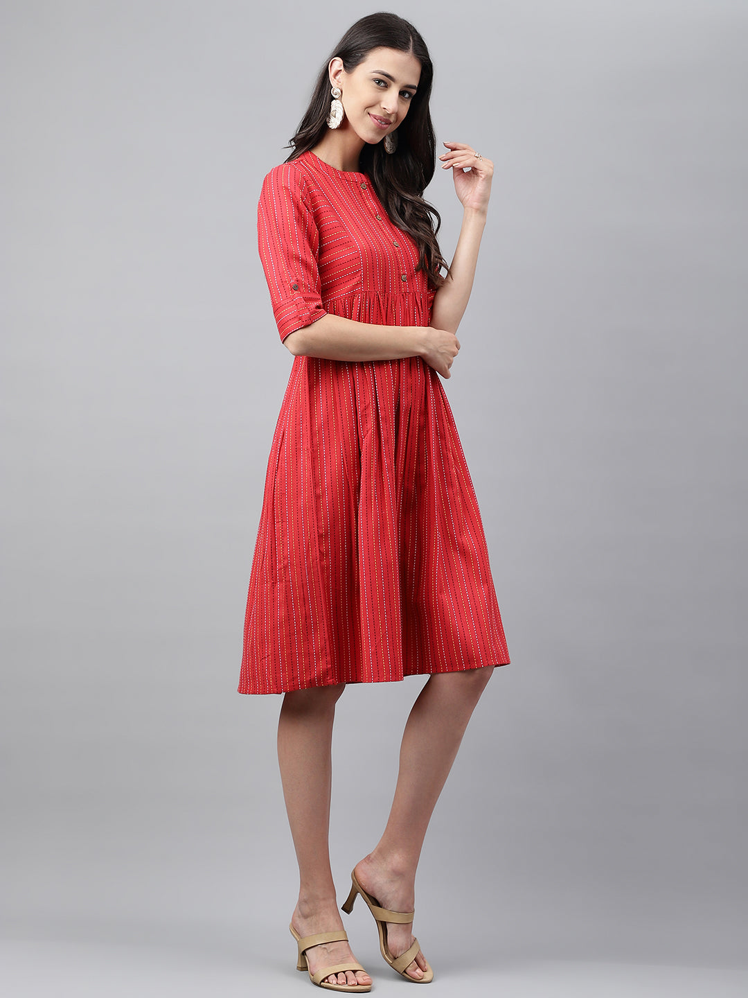 Janasya Women's Red Cotton Woven Design Flared Casual Dress | Swadesiicart