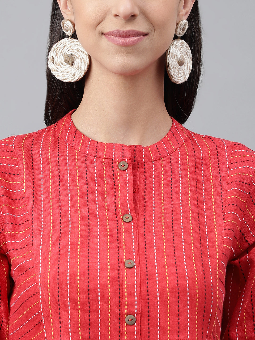 Janasya Women's Red Cotton Woven Design Flared Casual Dress | Swadesiicart